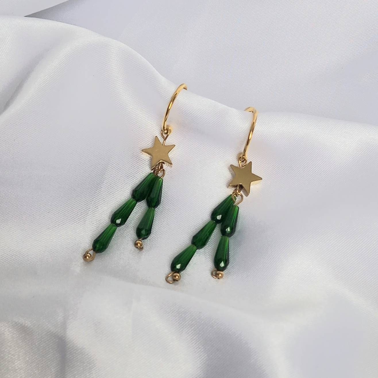 Gold & Green Star Hoop Earrings - Lightweight Hoop Earrings,Green Star Earrings,Hoop Earrings,Gold Earrings In The UK,Gold Star Jewellery