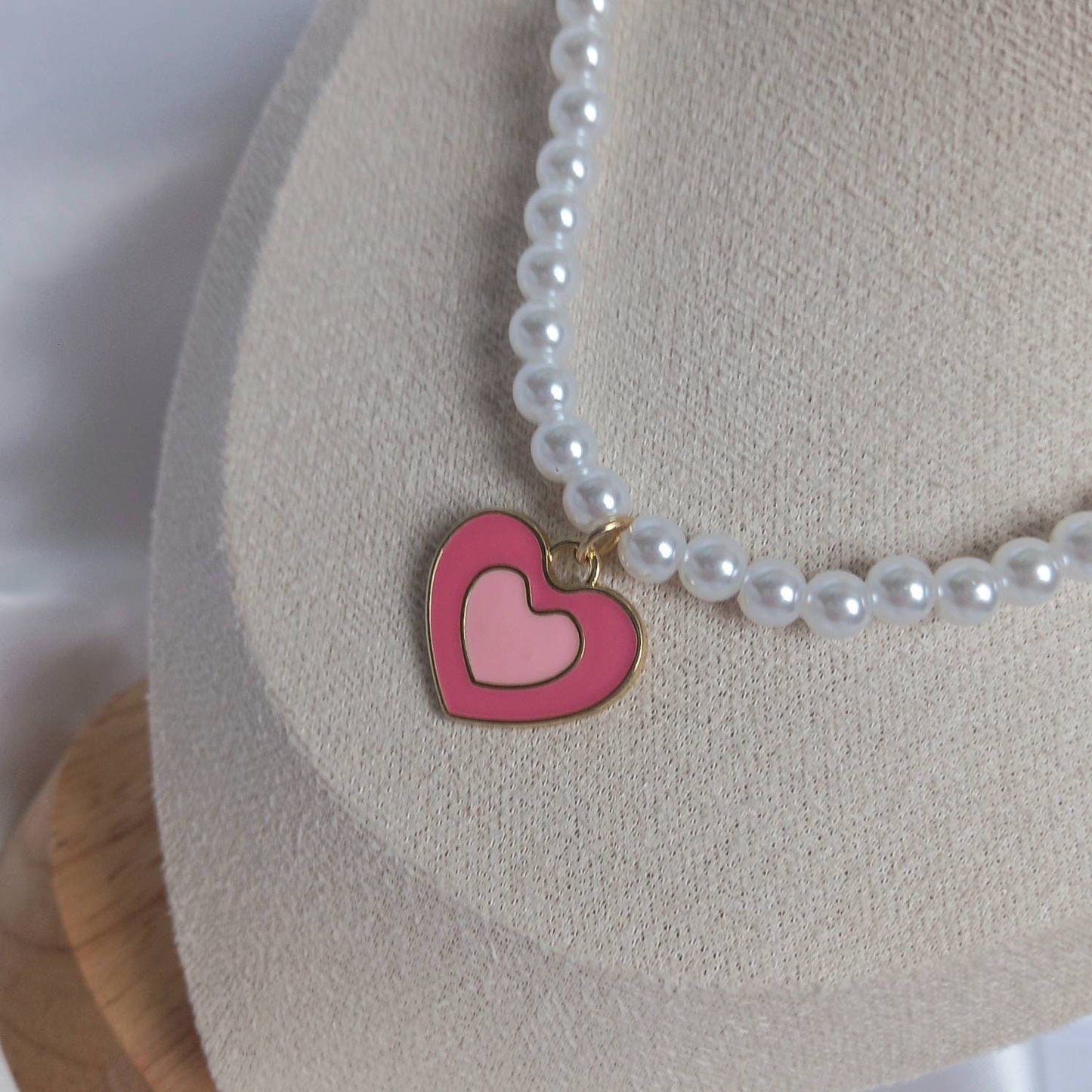 Pink & Gold Retro Heart Drop Charm Pearl Necklace -  Pearl Necklace,Pink Heart Necklace,Pink Beaded Necklaces In The UK,Beaded Jewellery