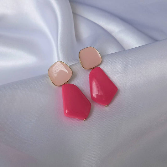 Gold and Pink Drop Earrings - Pink Earrings In The UK,Hot Pink Jewellery In The UK,Gold Earrings,Pink Abstract Earrings,Abstract Jewellery
