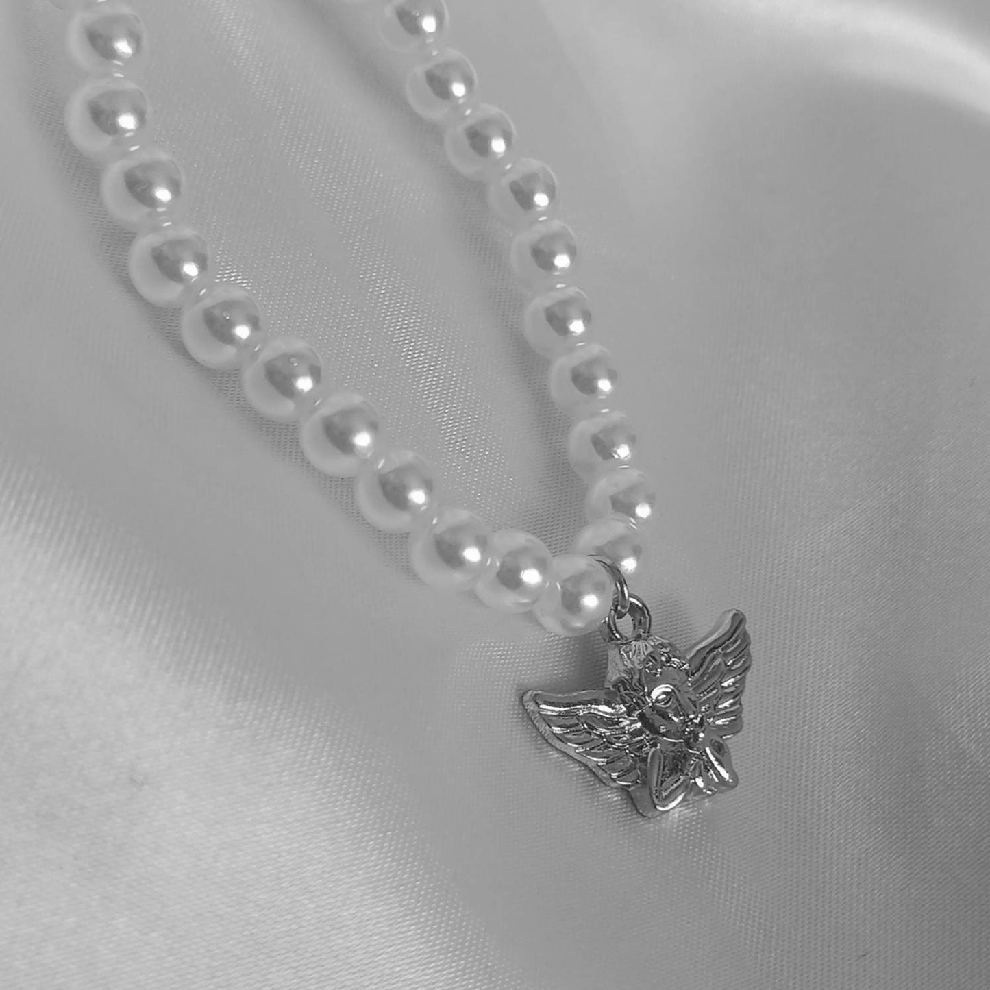 Silver Angel Charm Pearl Necklace - Faux Pearl Necklaces In The UK,Angel Necklace,Angel Jewellery,Silver Jewellery In The UK,Silver Necklace