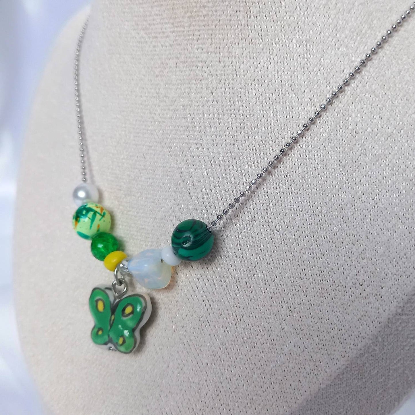 Silver & Green Butterfly Charm Necklace - Chain Necklaces,Green Butterfly Necklace,Silver Necklaces In The UK, Silver Jewellery In The UK