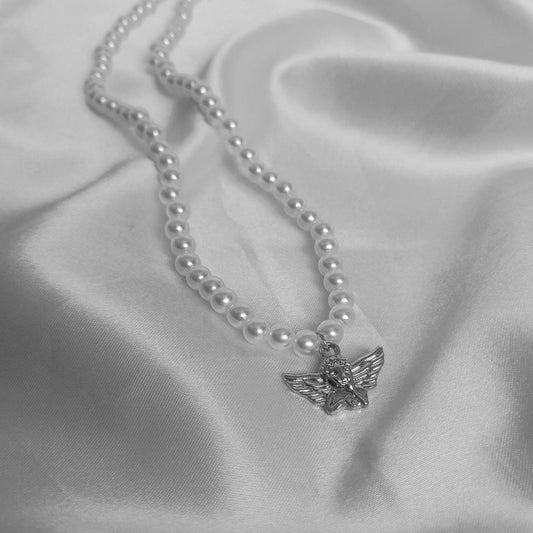 Silver Angel Charm Pearl Necklace - Faux Pearl Necklaces In The UK,Angel Necklace,Angel Jewellery,Silver Jewellery In The UK,Silver Necklace