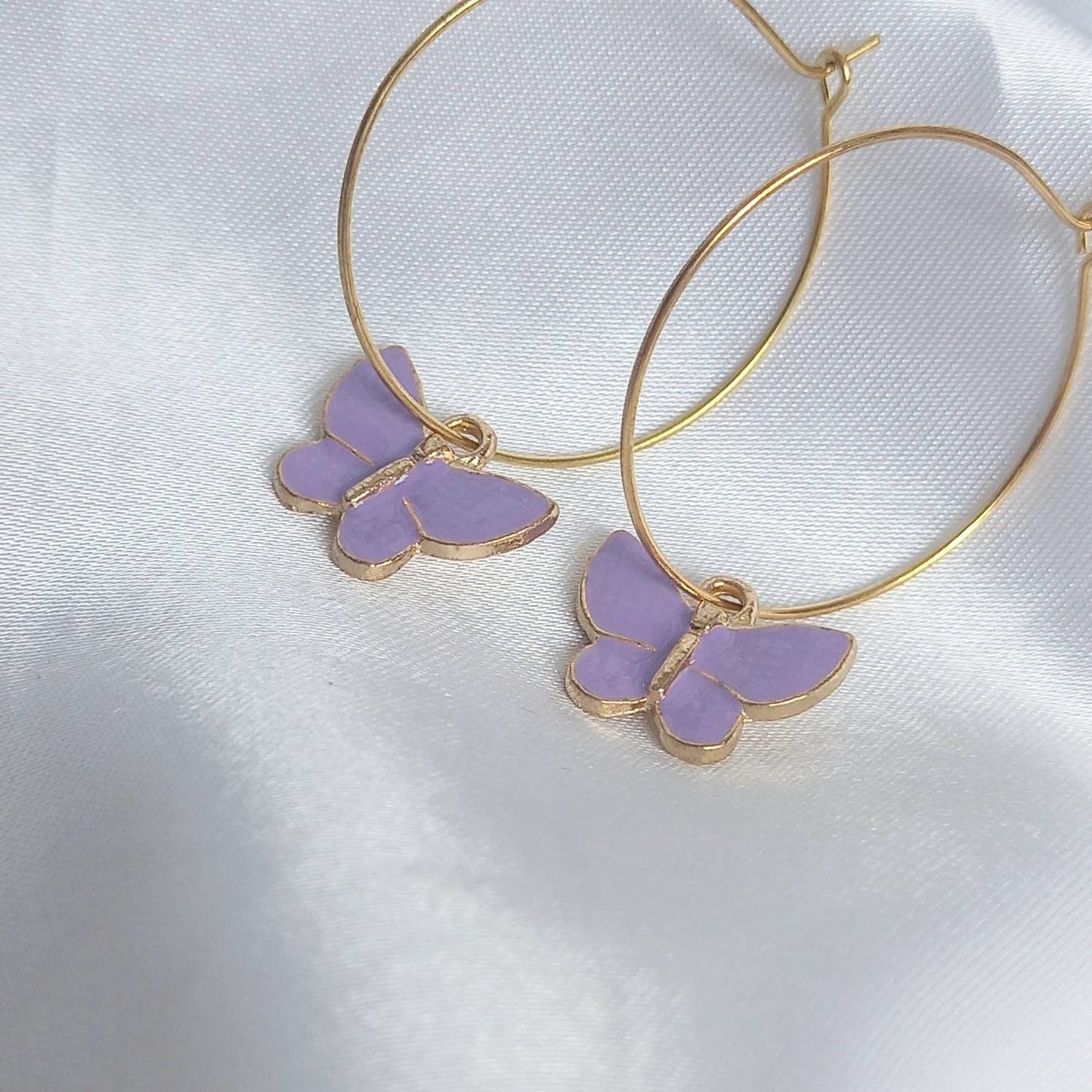 Purple Butterfly Hoop Earrings - Lightweight Hoop Earrings In The UK,Purple Butterfly Earrings,Hoop Earrings,Gold Earrings,Gold Jewellery