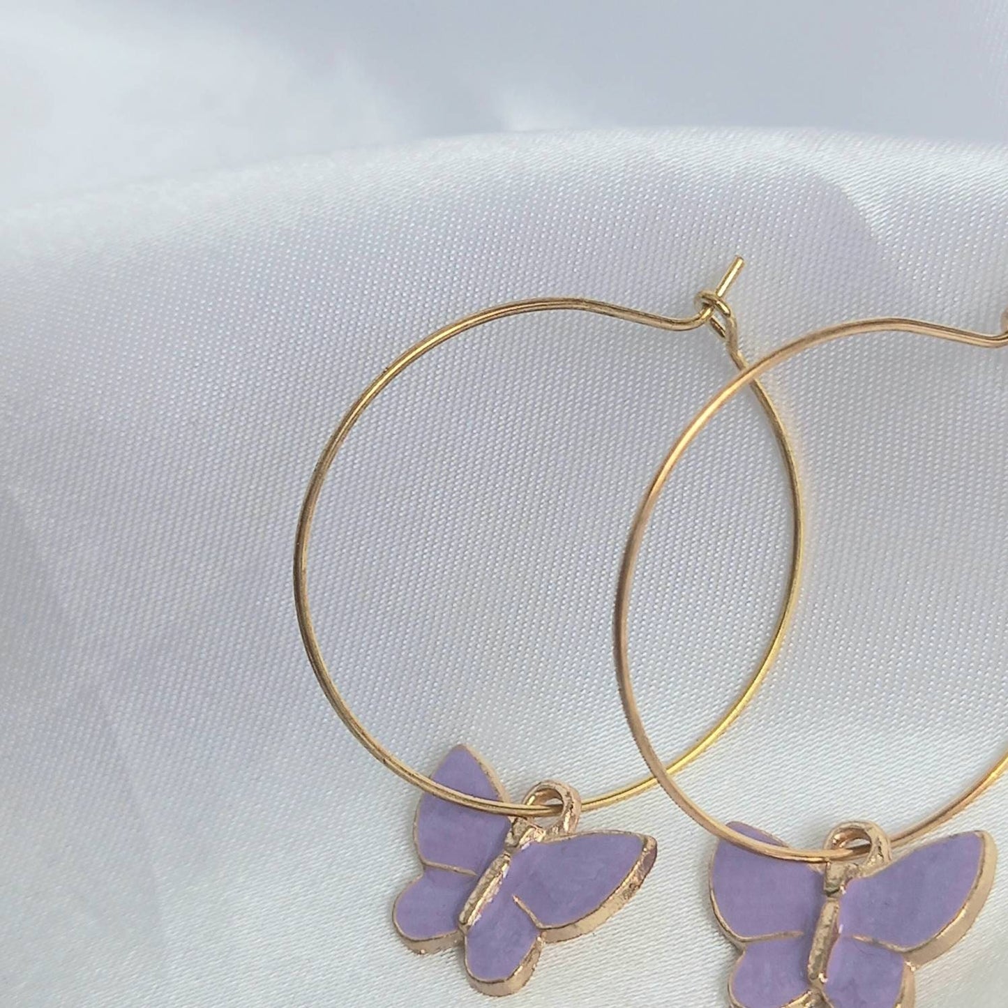 Purple Butterfly Hoop Earrings - Lightweight Hoop Earrings In The UK,Purple Butterfly Earrings,Hoop Earrings,Gold Earrings,Gold Jewellery