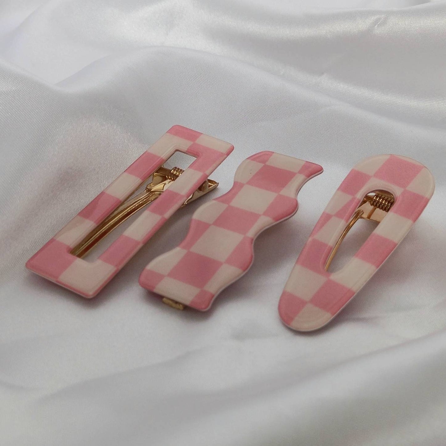 Set of 3 Chequered Hair Clips - Pink & White Hair Clip,Funky Hair Accessories,Pink Chequered Hair Clips,70's Accessories,Minimalistic