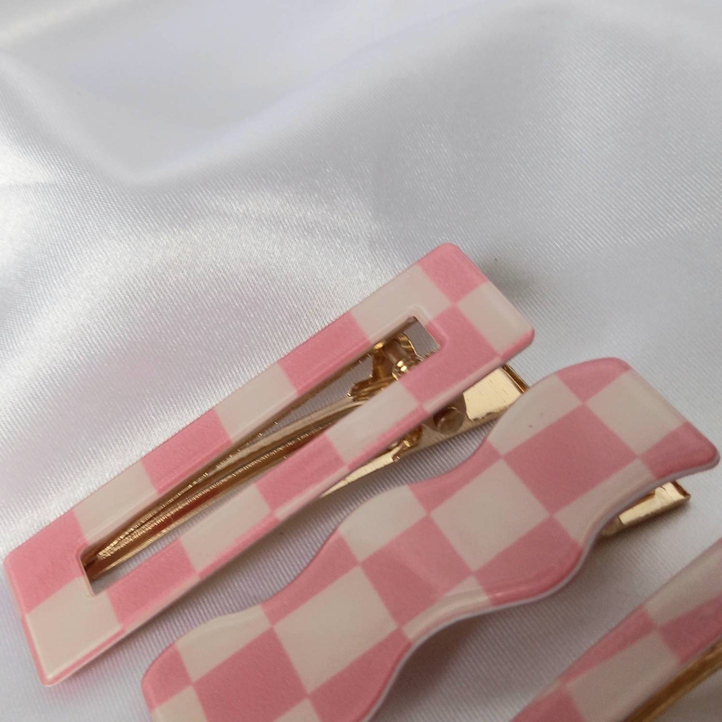 Set of 3 Chequered Hair Clips - Pink & White Hair Clip,Funky Hair Accessories,Pink Chequered Hair Clips,70's Accessories,Minimalistic
