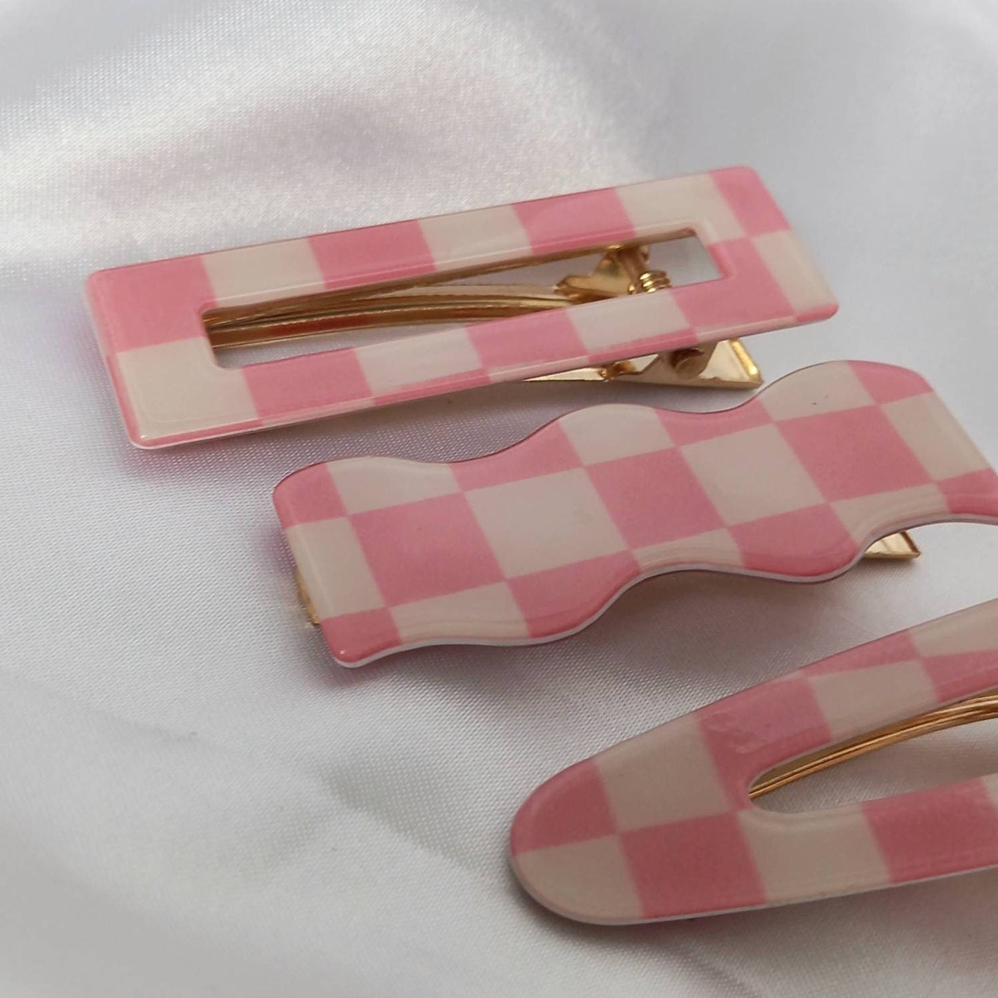 Set of 3 Chequered Hair Clips - Pink & White Hair Clip,Funky Hair Accessories,Pink Chequered Hair Clips,70's Accessories,Minimalistic