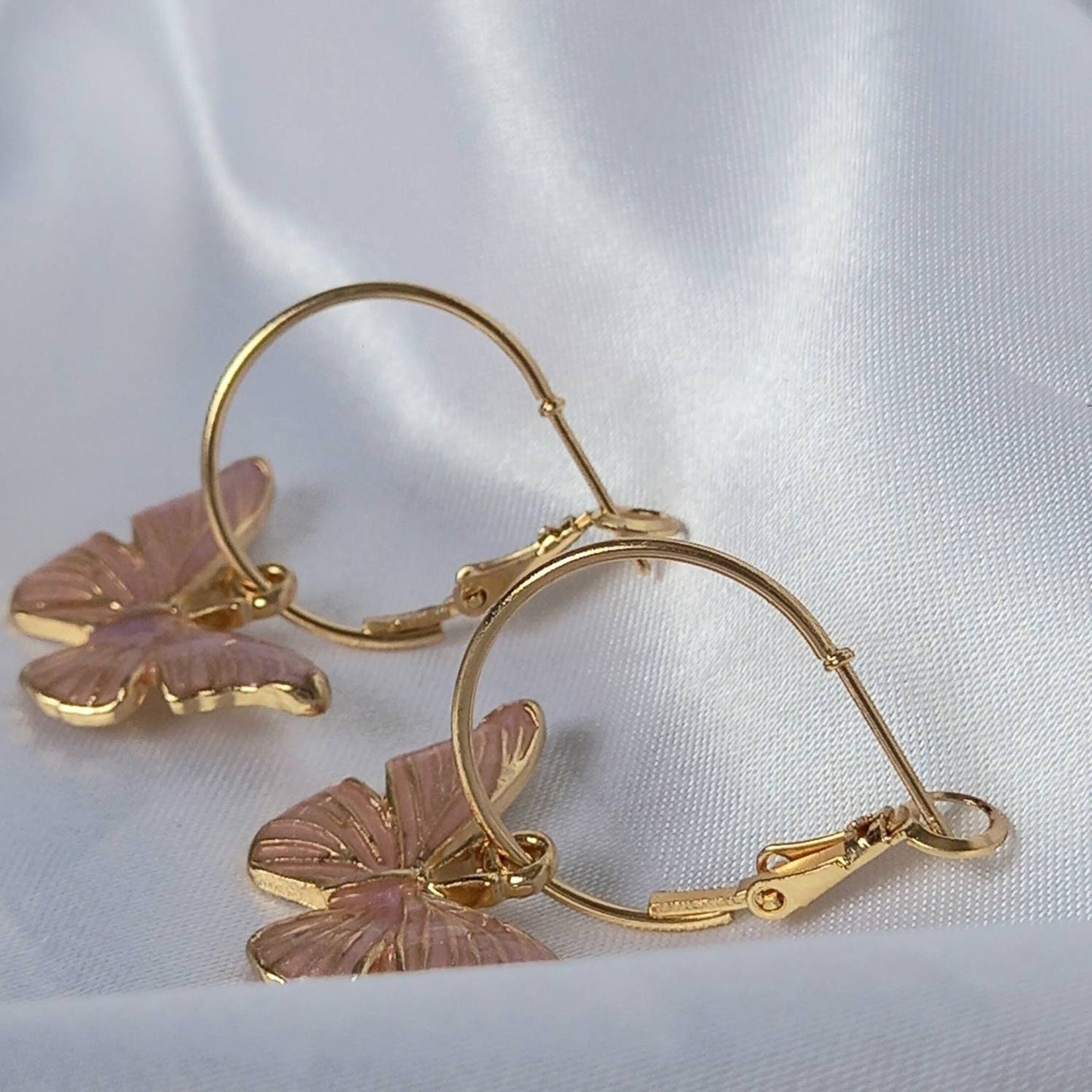 Pink Butterfly Hoop Earrings - Lightweight Hoop Earrings In The UK,Pink Butterfly Earrings,Pink Hoop Earrings,Gold Earrings,Gold Jewellery