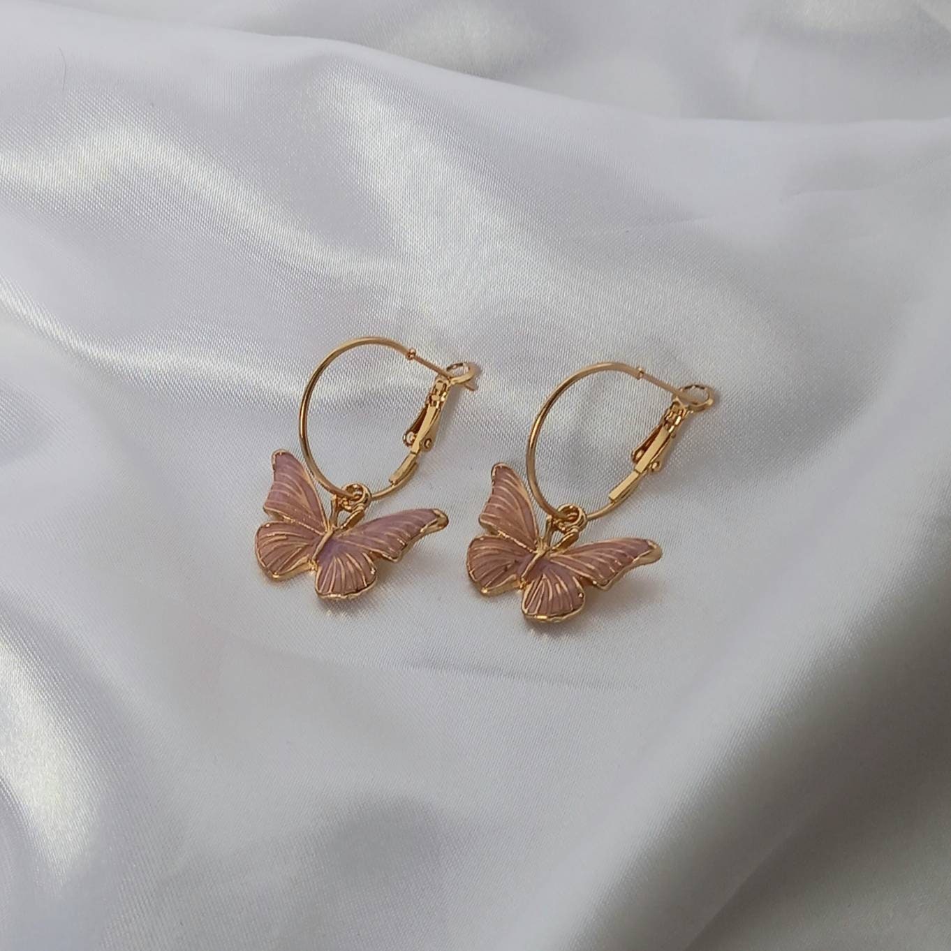 Pink Butterfly Hoop Earrings - Lightweight Hoop Earrings In The UK,Pink Butterfly Earrings,Pink Hoop Earrings,Gold Earrings,Gold Jewellery