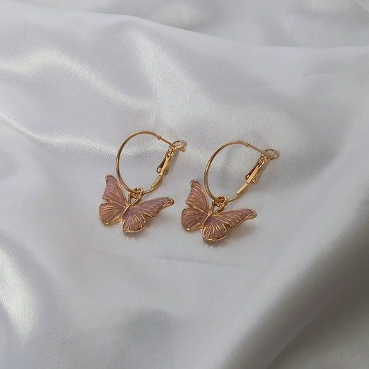 Pink Butterfly Hoop Earrings - Lightweight Hoop Earrings In The UK,Pink Butterfly Earrings,Pink Hoop Earrings,Gold Earrings,Gold Jewellery