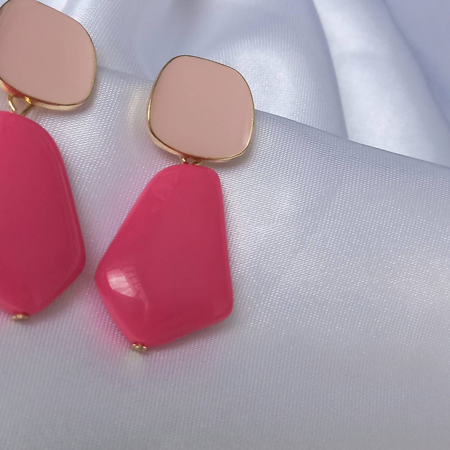 Gold and Pink Drop Earrings - Pink Earrings In The UK,Hot Pink Jewellery In The UK,Gold Earrings,Pink Abstract Earrings,Abstract Jewellery
