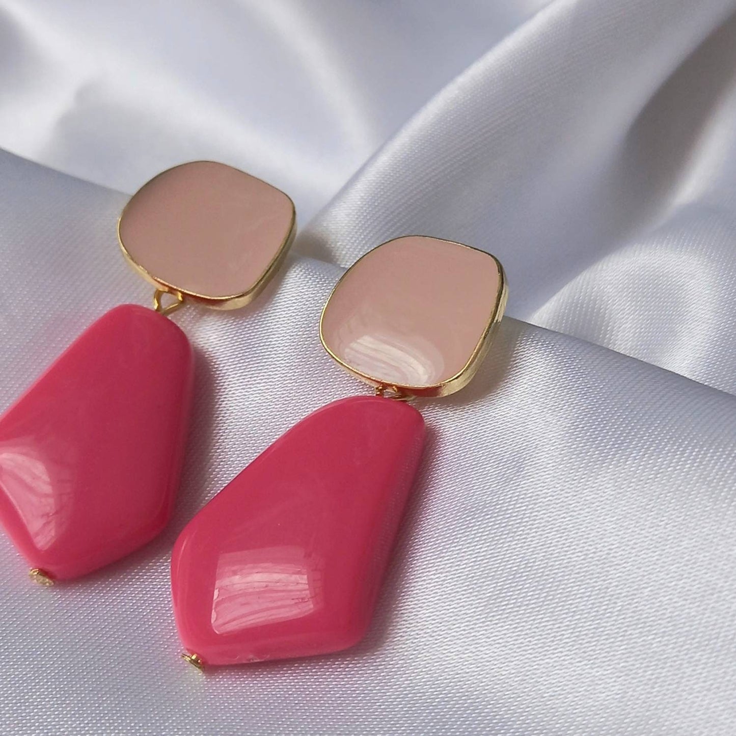 Gold and Pink Drop Earrings - Pink Earrings In The UK,Hot Pink Jewellery In The UK,Gold Earrings,Pink Abstract Earrings,Abstract Jewellery
