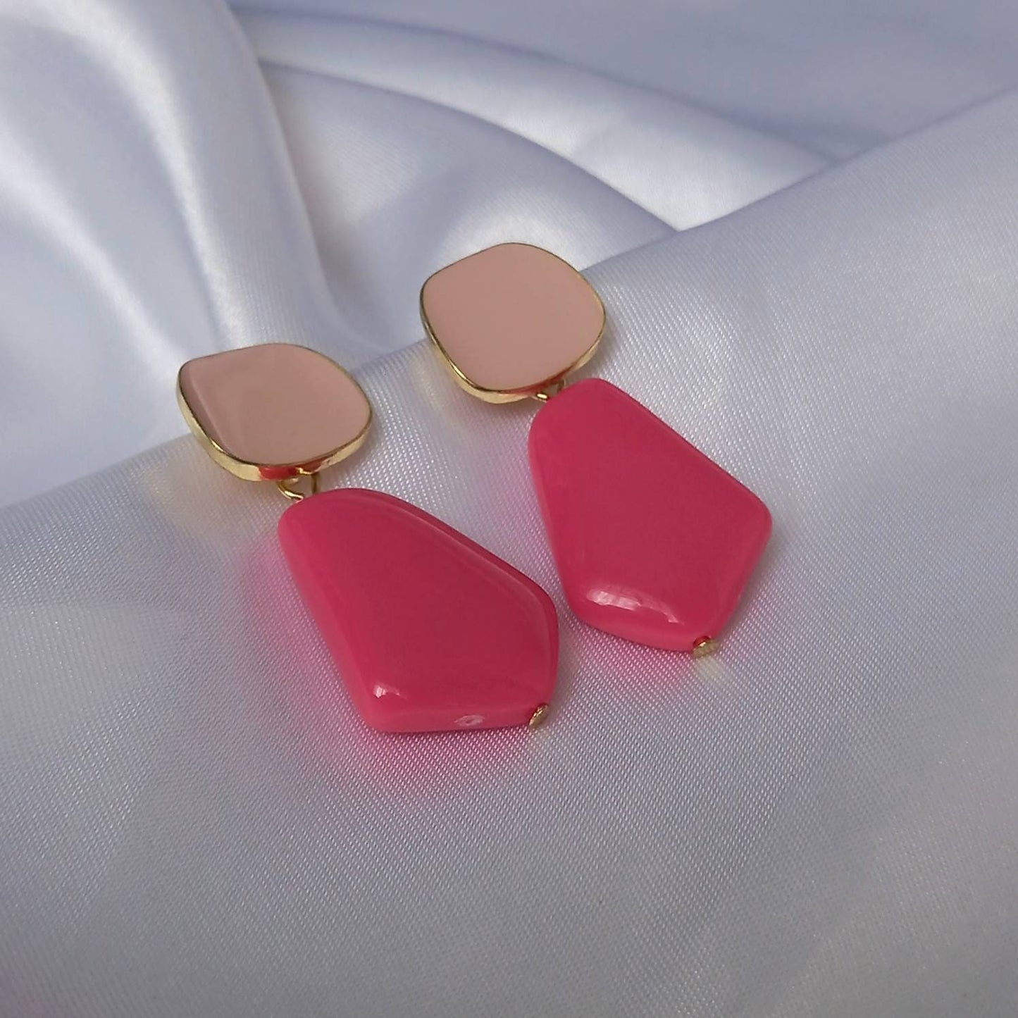 Gold and Pink Drop Earrings - Pink Earrings In The UK,Hot Pink Jewellery In The UK,Gold Earrings,Pink Abstract Earrings,Abstract Jewellery