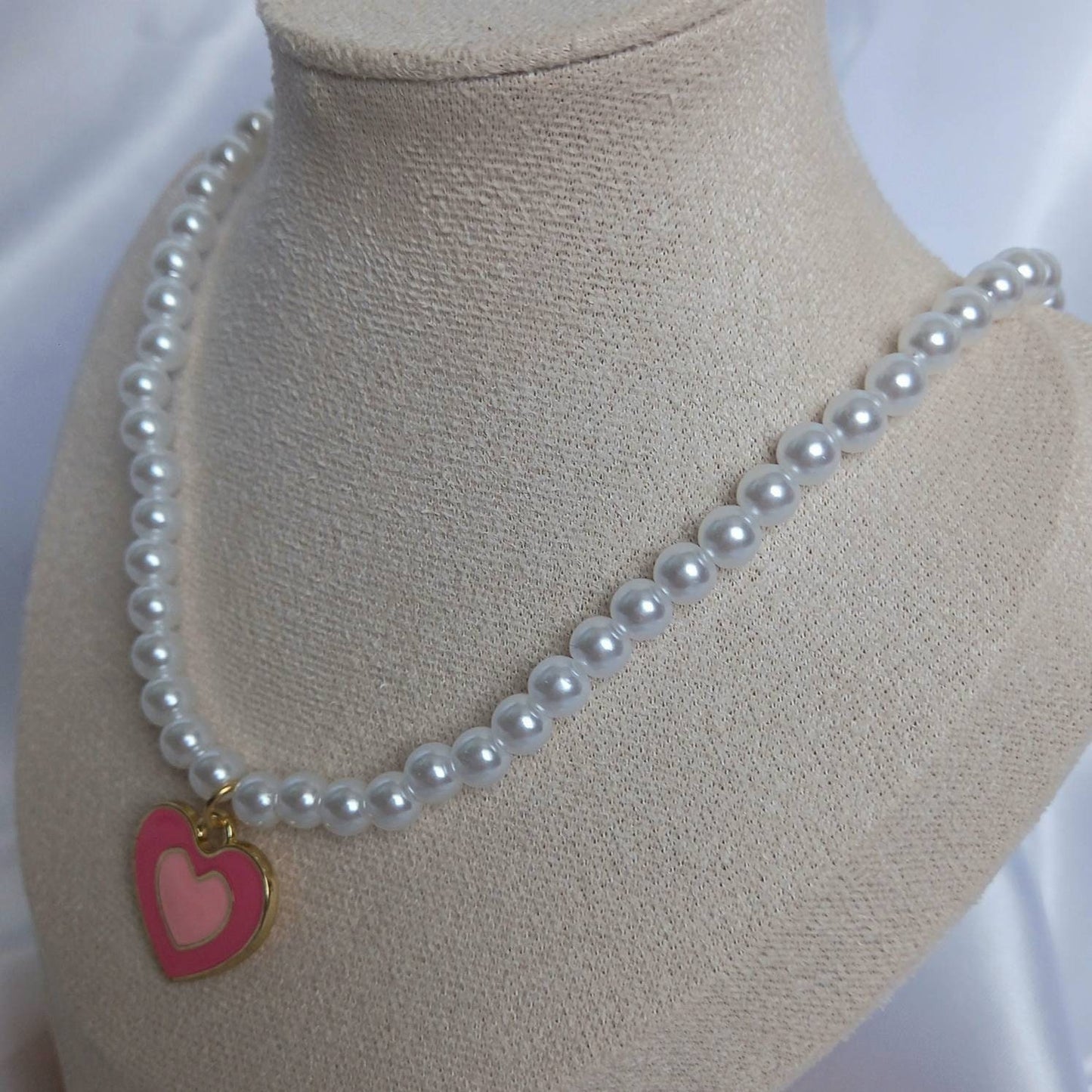 Pink & Gold Retro Heart Drop Charm Pearl Necklace -  Pearl Necklace,Pink Heart Necklace,Pink Beaded Necklaces In The UK,Beaded Jewellery