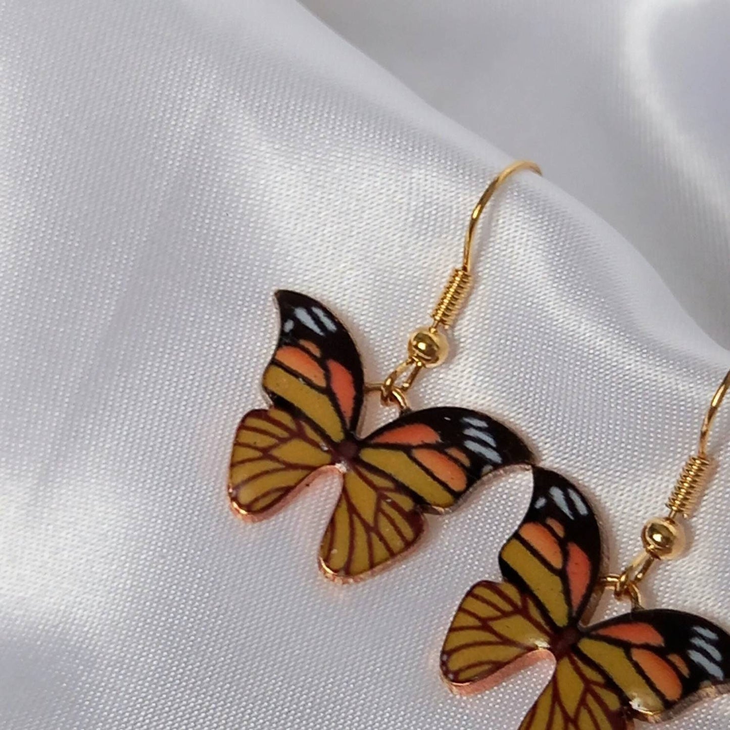 Orange Butterfly Drop Earrings - Lightweight Earrings,Orange Butterfly Earrings,Orange Earrings In The UK,Gold Butterfly Jewellery In The UK