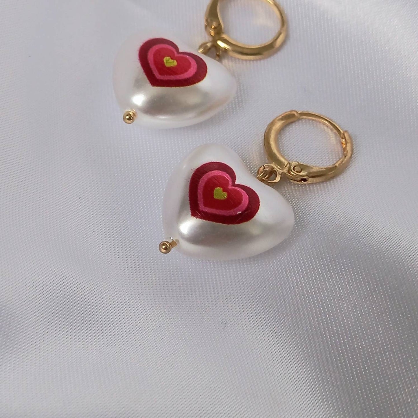 Pink & Gold Retro Heart Drop Earrings - Red Heart Earrings,Pearl Earrings,Heart Jewellery,Pink Earrings In The UK,Pink Jewellery In The UK