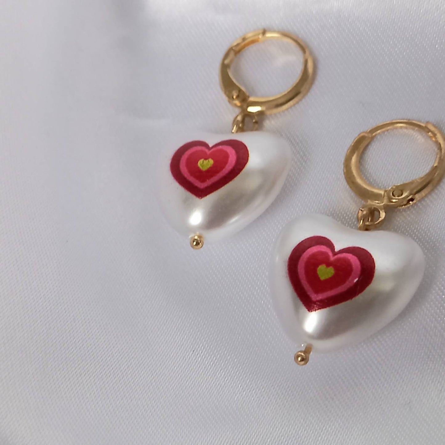Pink & Gold Retro Heart Drop Earrings - Red Heart Earrings,Pearl Earrings,Heart Jewellery,Pink Earrings In The UK,Pink Jewellery In The UK