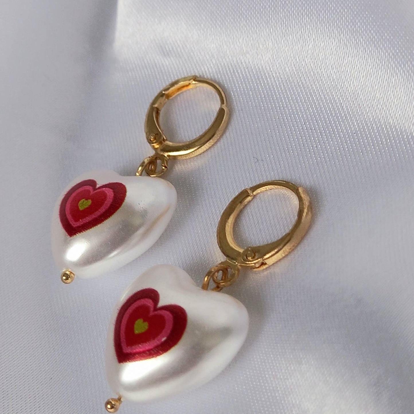 Pink & Gold Retro Heart Drop Earrings - Red Heart Earrings,Pearl Earrings,Heart Jewellery,Pink Earrings In The UK,Pink Jewellery In The UK