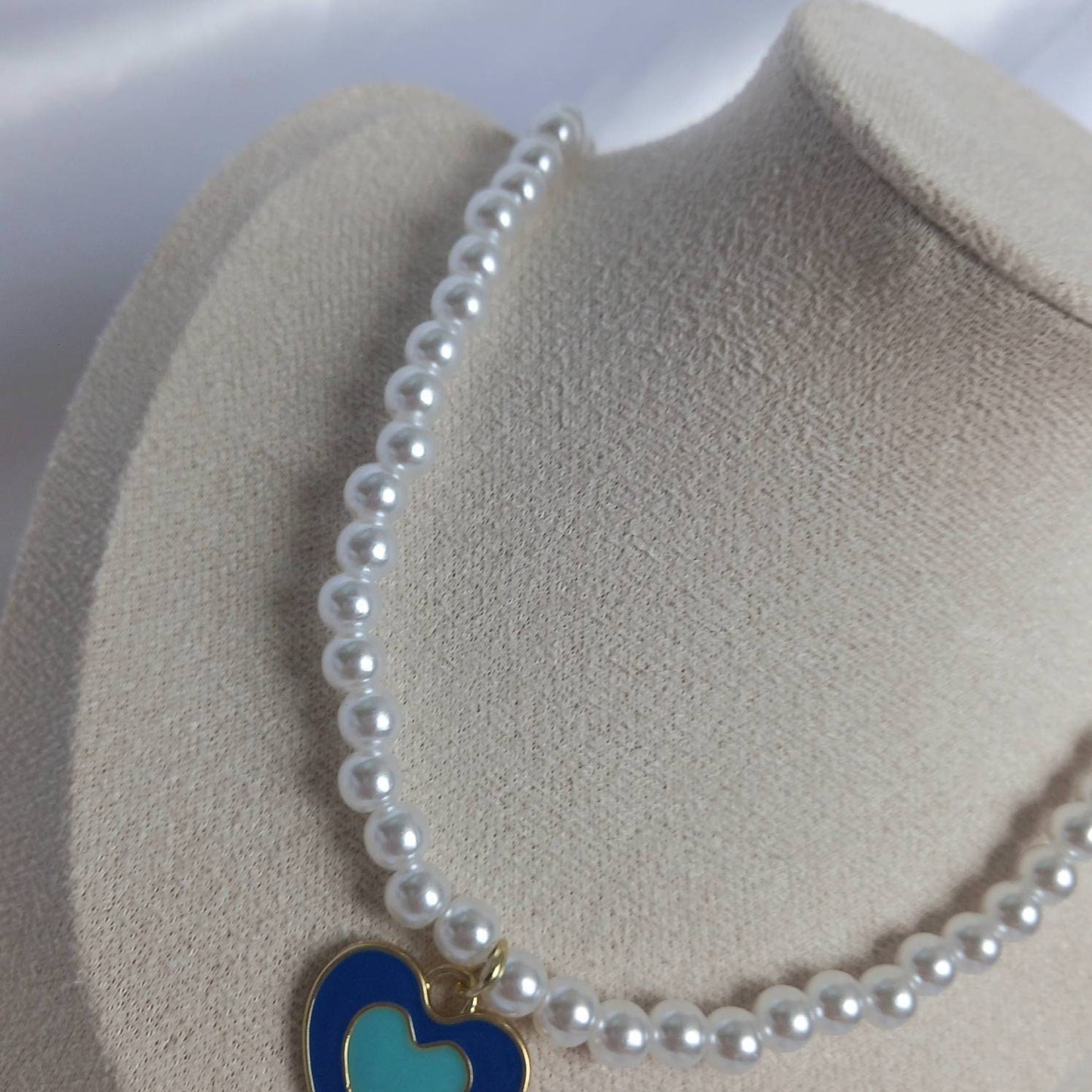 Blue & Gold Retro Heart Drop Charm Pearl Necklace - Pearl Necklace,Blue Heart Necklace,Blue Beaded Necklaces In The UK,Blue Beaded Jewellery
