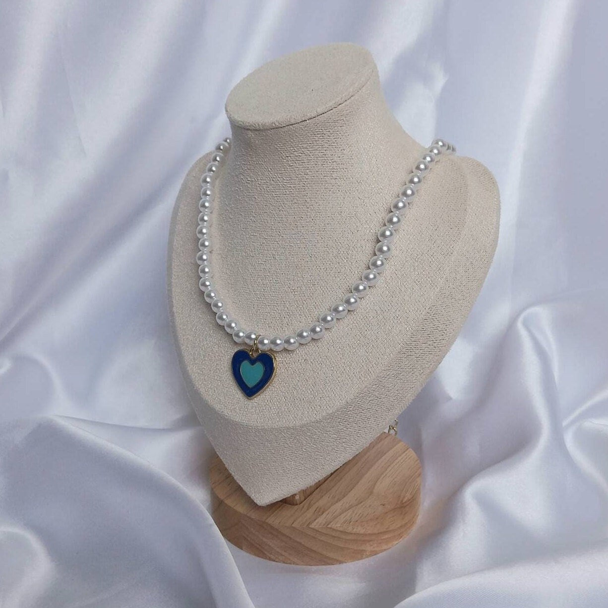 Blue & Gold Retro Heart Drop Charm Pearl Necklace - Pearl Necklace,Blue Heart Necklace,Blue Beaded Necklaces In The UK,Blue Beaded Jewellery