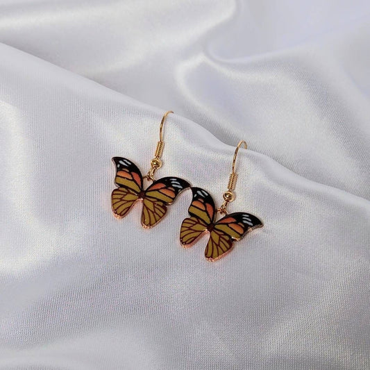 Orange Butterfly Drop Earrings - Lightweight Earrings,Orange Butterfly Earrings,Orange Earrings In The UK,Gold Butterfly Jewellery In The UK