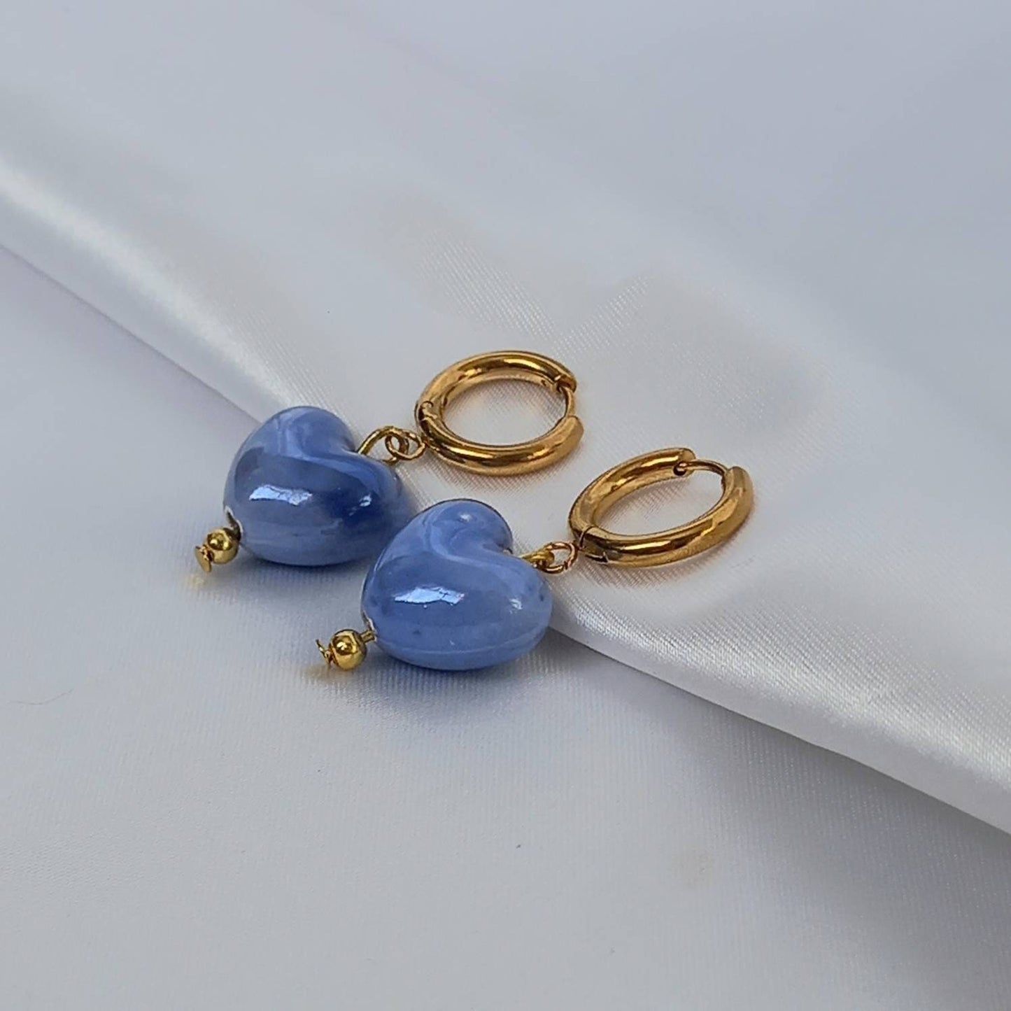 Blue & Gold Bead Heart Drop Earrings - Blue Bead Earrings,Blue Bead Jewellery,Beaded Earrings In The UK,Beaded Jewellery,Blue Heart Earrings