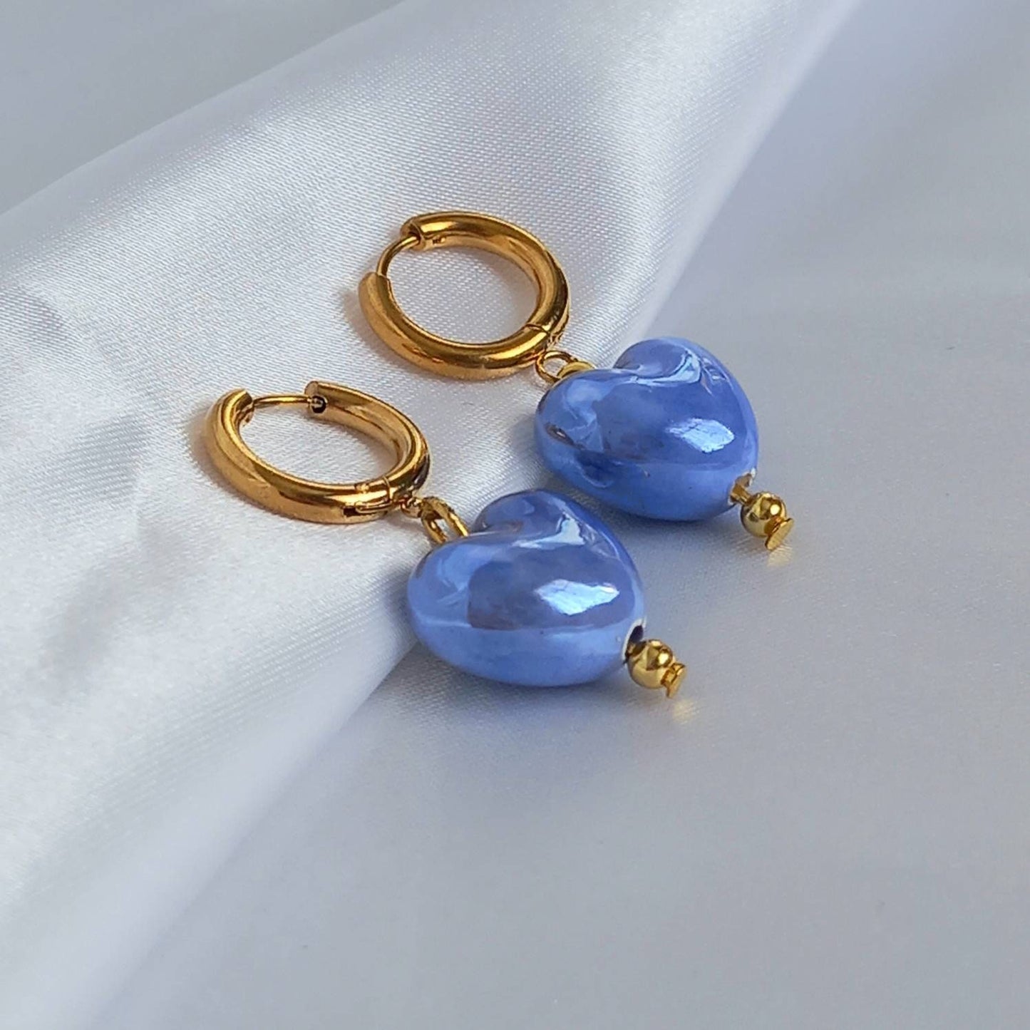 Blue & Gold Bead Heart Drop Earrings - Blue Bead Earrings,Blue Bead Jewellery,Beaded Earrings In The UK,Beaded Jewellery,Blue Heart Earrings