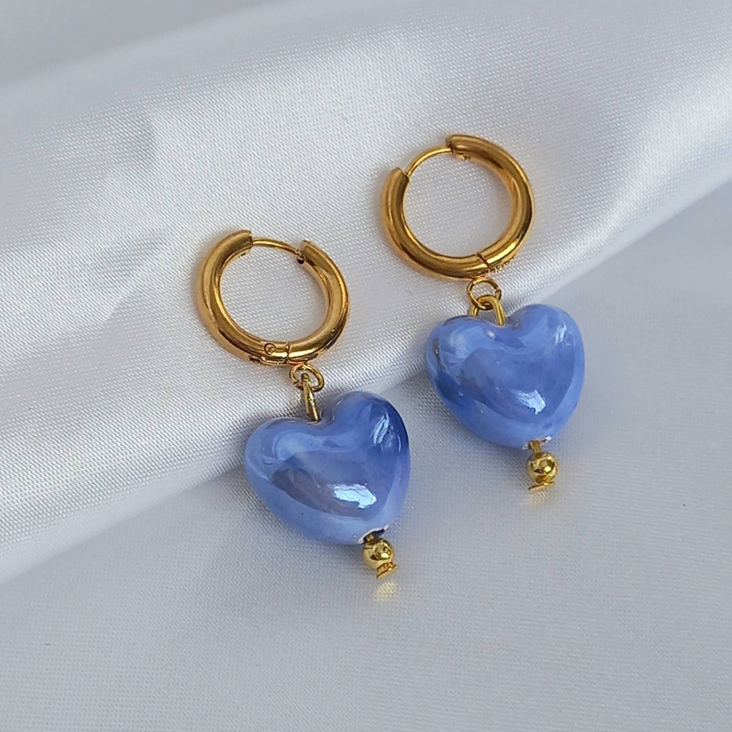 Blue & Gold Bead Heart Drop Earrings - Blue Bead Earrings,Blue Bead Jewellery,Beaded Earrings In The UK,Beaded Jewellery,Blue Heart Earrings