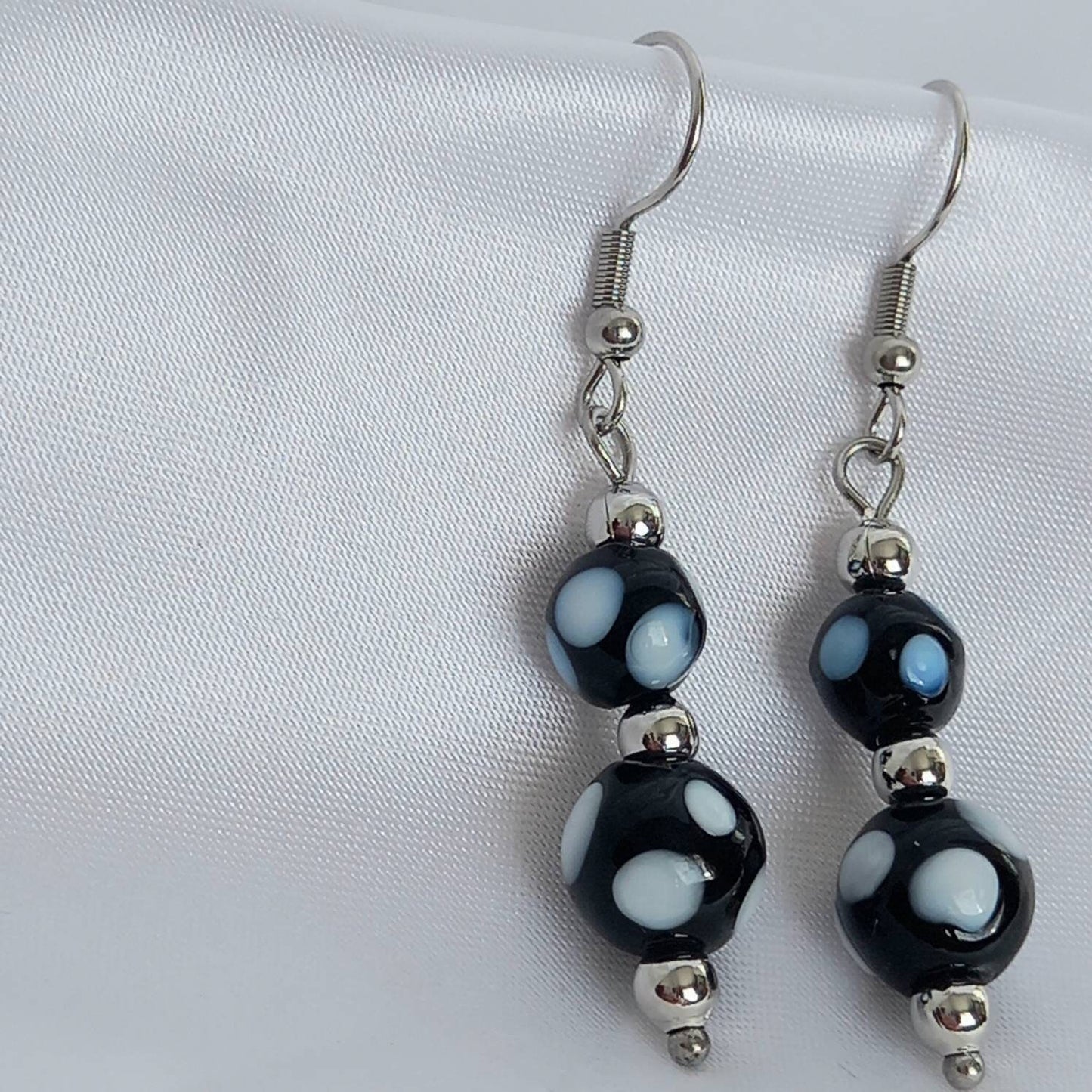 Silver Bead Drop Earrings - Spotty Bead Earrings,Spotty Bead Jewellery,Beaded Earrings In The UK,Beaded Jewellery,Long Drop Earrings