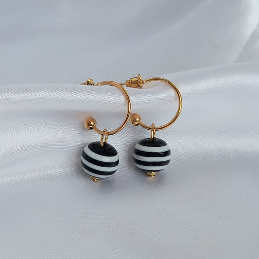Gold & Striped Bead Drop Earrings - Striped Bead Earrings,Bead Jewellery,Beaded Earrings In The UK,Beaded Jewellery,Gold Earrings In The UK