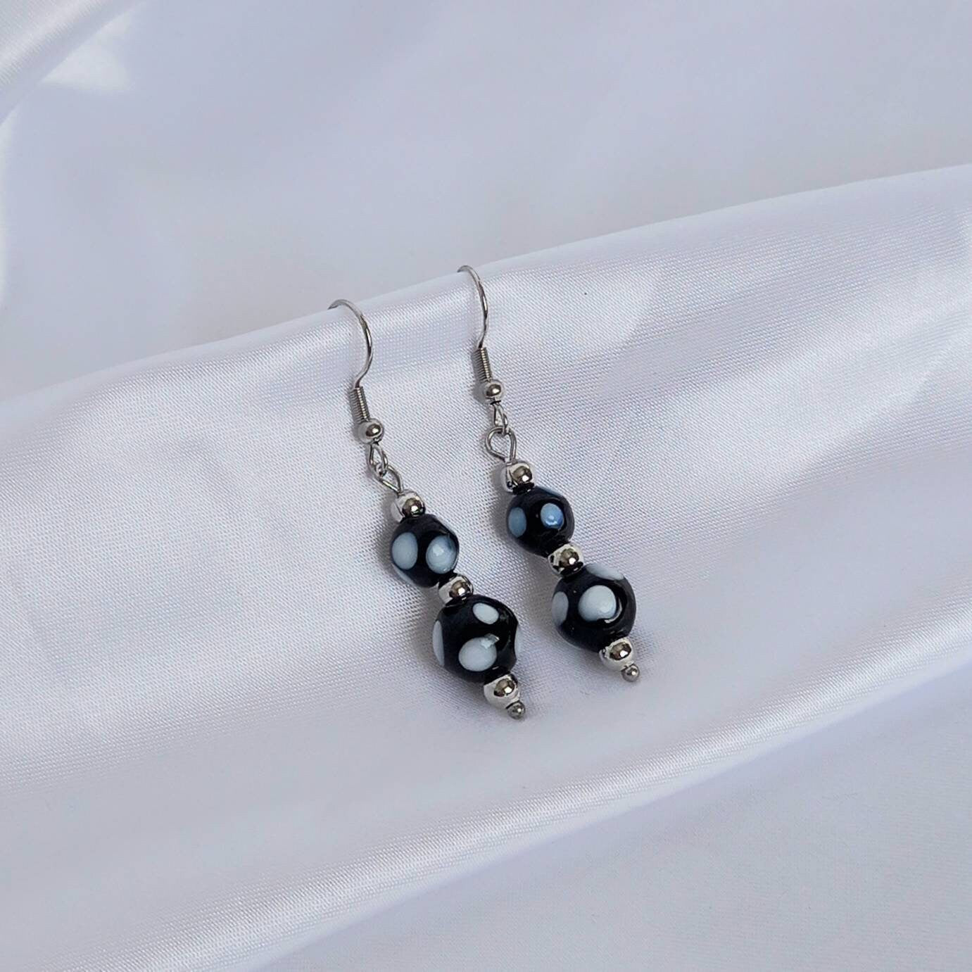 Silver Bead Drop Earrings - Spotty Bead Earrings,Spotty Bead Jewellery,Beaded Earrings In The UK,Beaded Jewellery,Long Drop Earrings