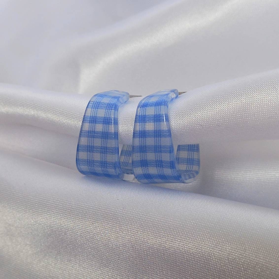 Blue Checkered Square Hoop Earrings - Retro Earrings,Checkered Earrings,Square Hoops,Funky Hoop Earrings,Blue Hoop Earrings,Retro Jewlellery