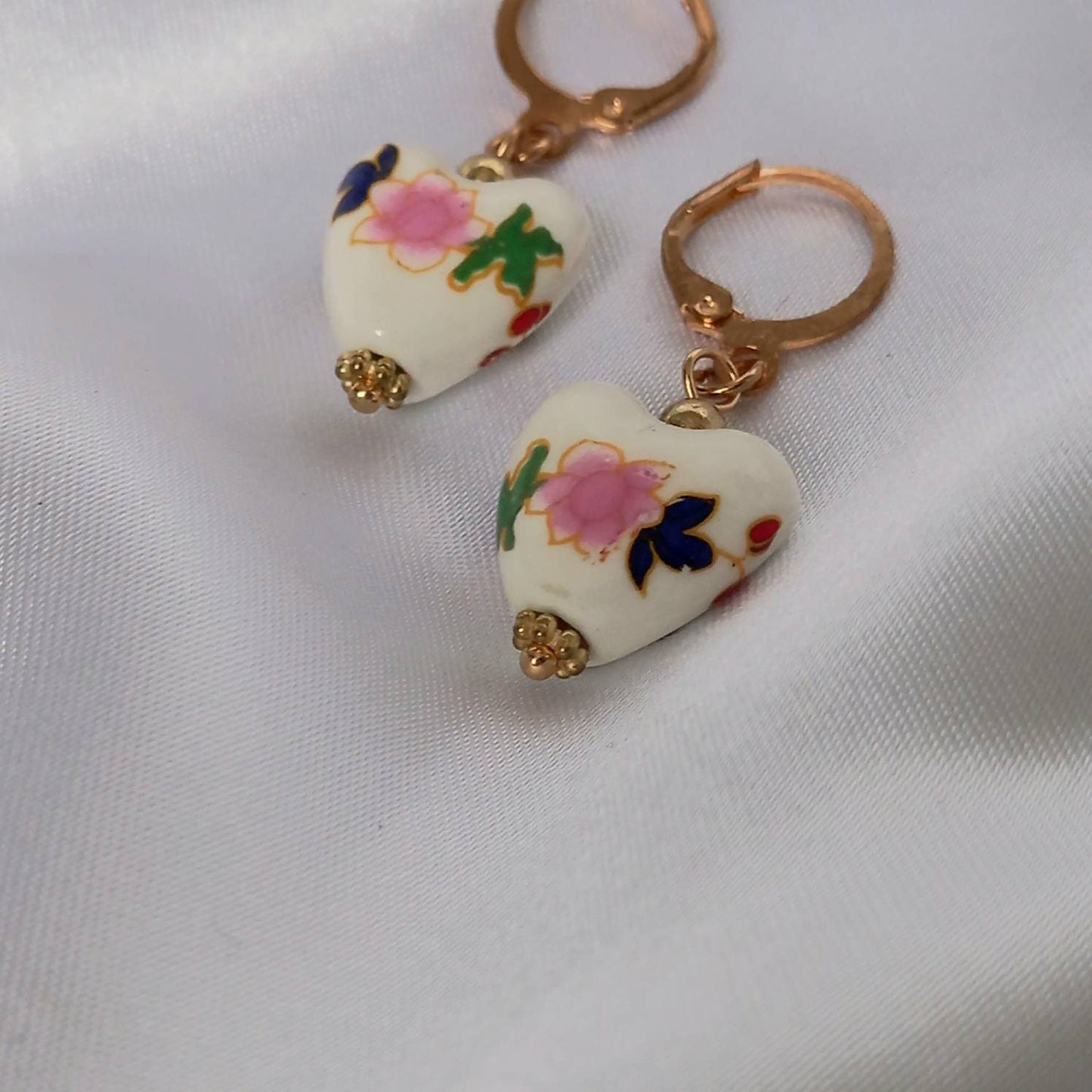 Pink & Gold Bead Heart Drop Earrings - Flower Bead Earrings,Pink Bead Jewellery,Beaded Earrings In The UK,Beaded Jewellery,Heart Earrings