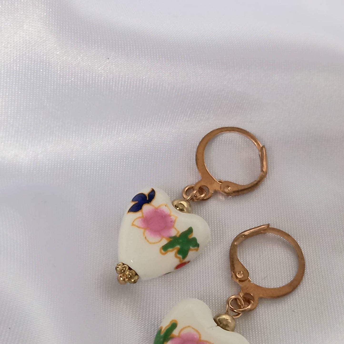 Pink & Gold Bead Heart Drop Earrings - Flower Bead Earrings,Pink Bead Jewellery,Beaded Earrings In The UK,Beaded Jewellery,Heart Earrings