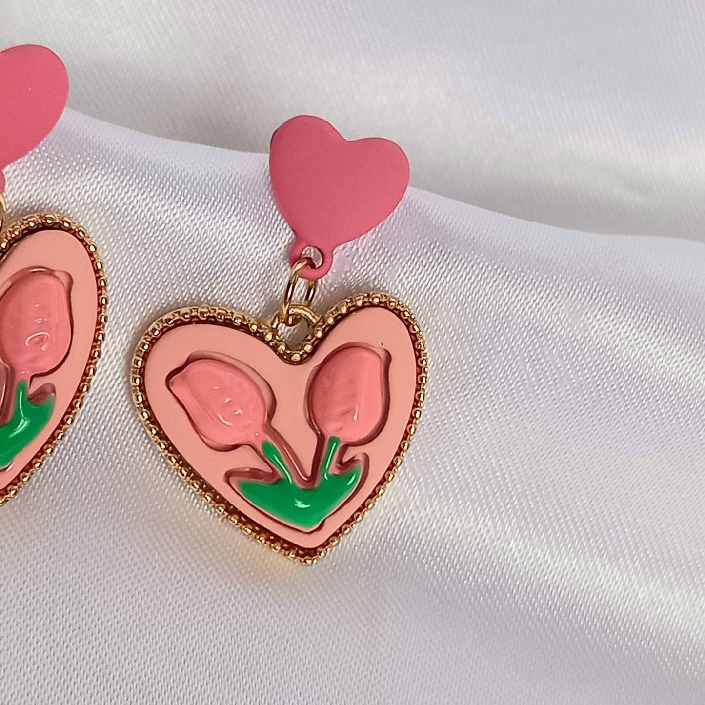 Pink Retro Heart Drop Earrings - Pink Earrings,Flower Earrings,Flower Jewellery,Pink Jewellery,Heart Earrings,Heart Jewellery,Tulip Earrings