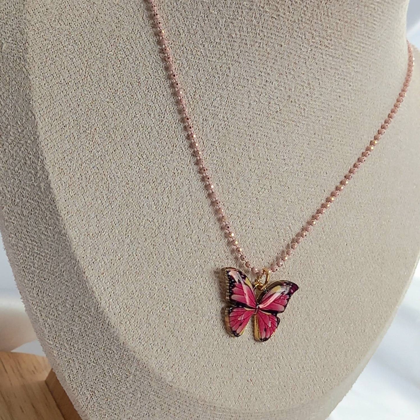 Pink Butterfly Charm Necklace - Chain Necklaces,Pink Butterfly Necklace,Pink Necklaces In The UK,Pink Jewellery In The UK,Pink Butterflies