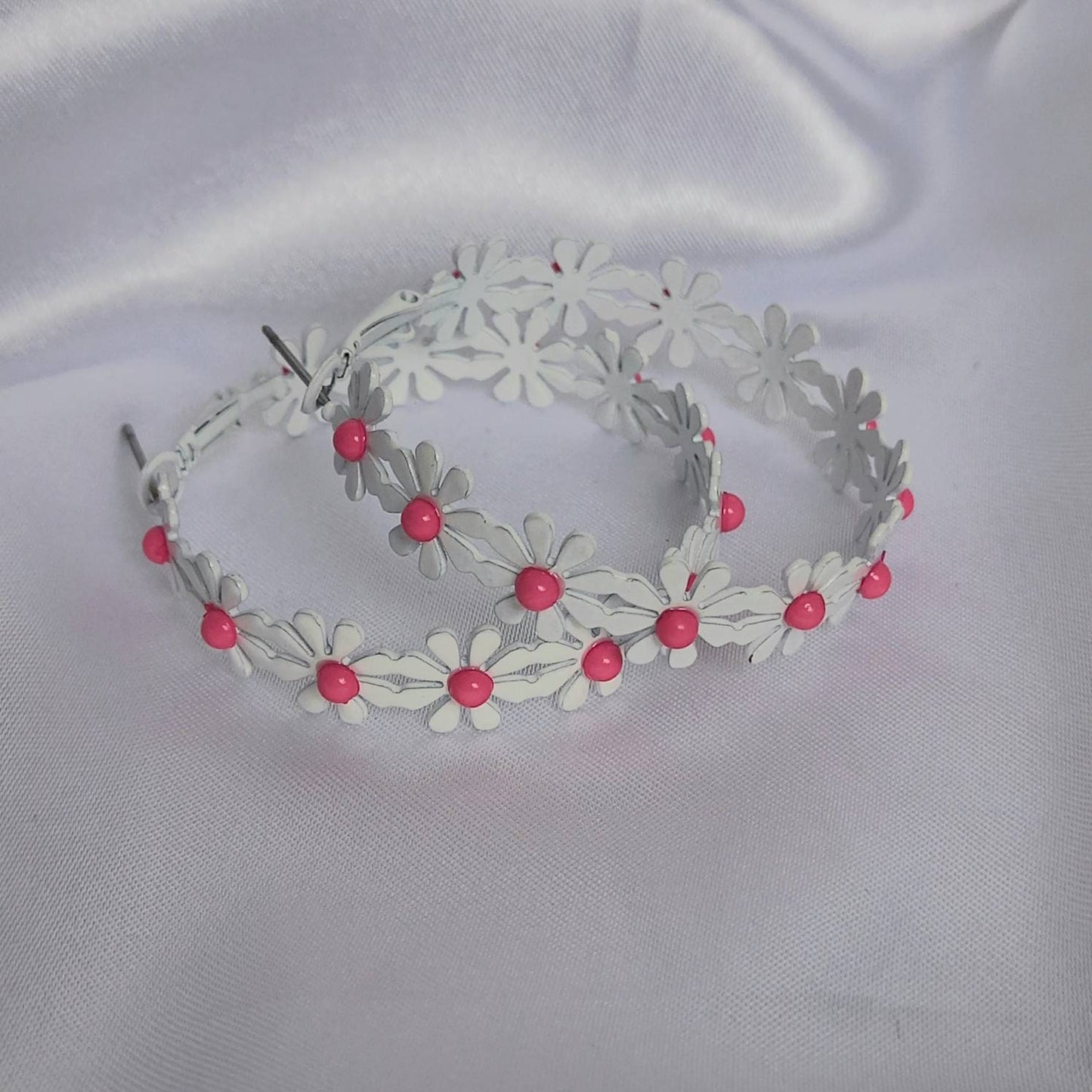 Pink Daisy Hoop Earrings - Lightweight Hoop Earrings,Pink Flower Earrings,Pink Hoop Earrings,Pink Daisy Earrings,Flower Jewellery In The UK