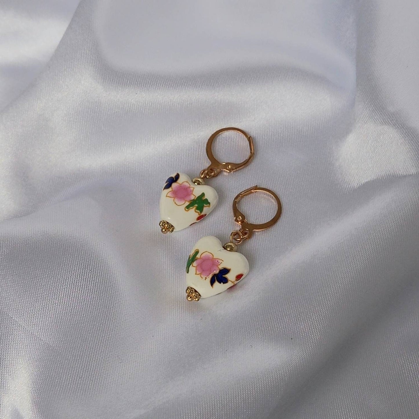 Pink & Gold Bead Heart Drop Earrings - Flower Bead Earrings,Pink Bead Jewellery,Beaded Earrings In The UK,Beaded Jewellery,Heart Earrings