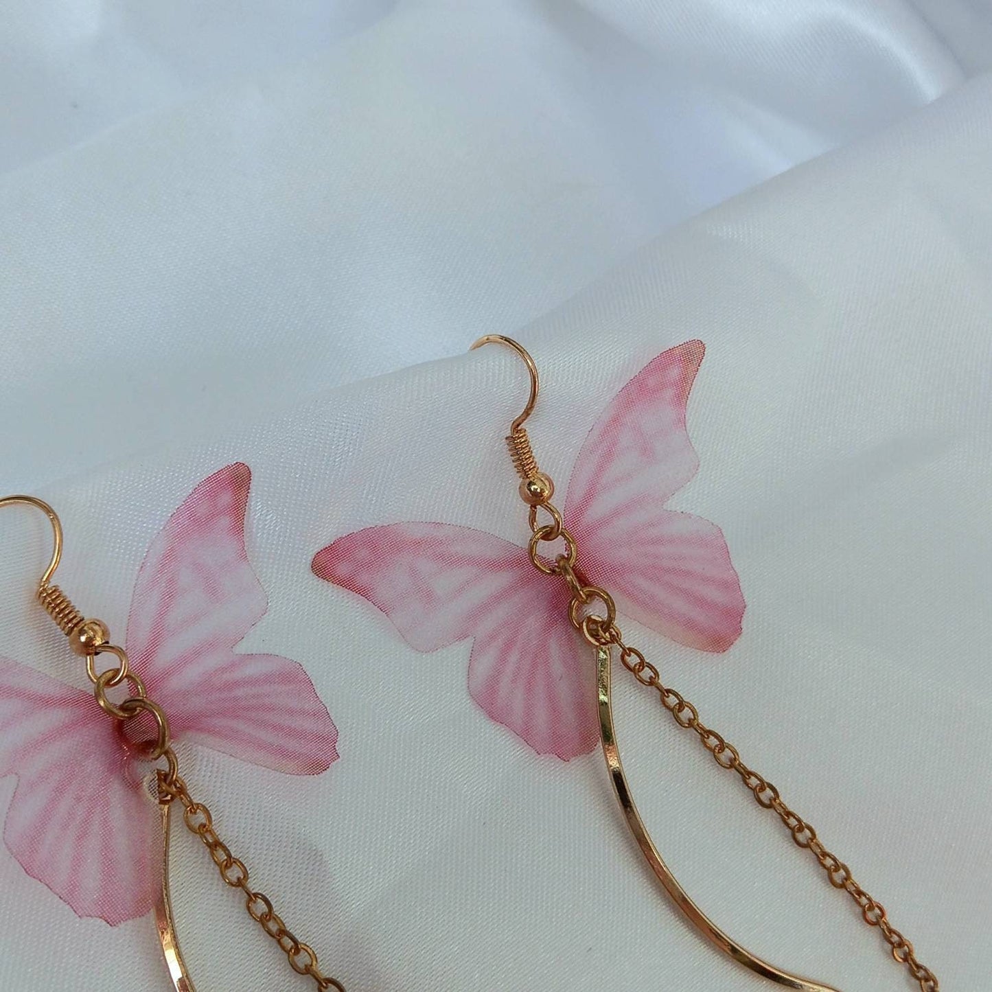 Pink & Gold Butterfly Drop Earrings -Lightweight Earrings,Pink Butterfly Earrings,Gold Earrings In The UK,Gold Butterfly Jewellery In The UK