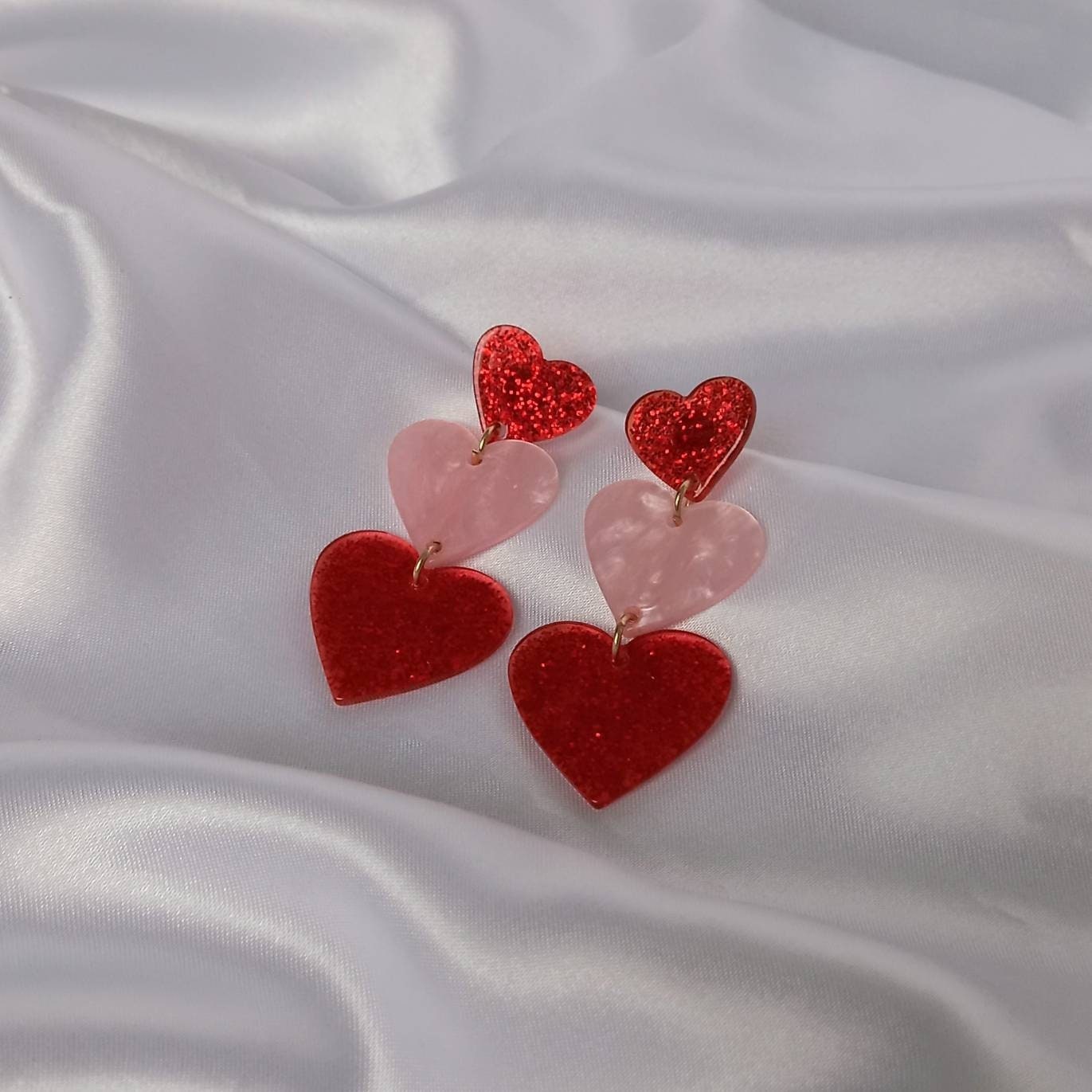 Pink & Gold Retro Heart Drop Earrings -  Heart Earrings,Long Earrings,Heart Jewellery,Pink Earrings In The UK,Pink Jewellery In The UK