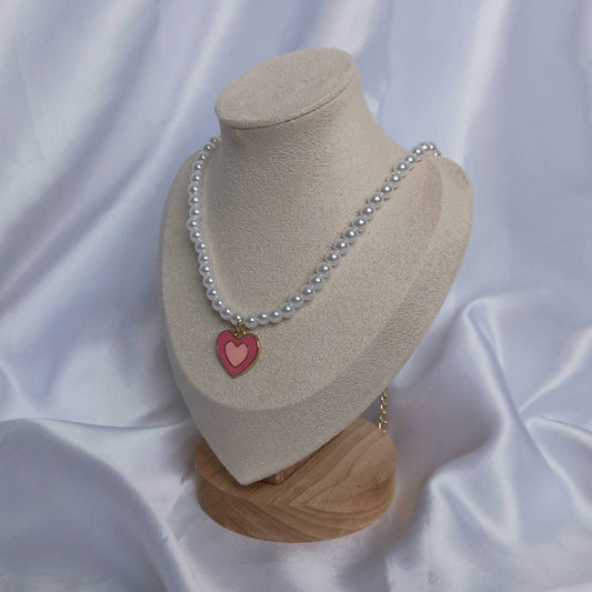 Pink & Gold Retro Heart Drop Charm Pearl Necklace -  Pearl Necklace,Pink Heart Necklace,Pink Beaded Necklaces In The UK,Beaded Jewellery