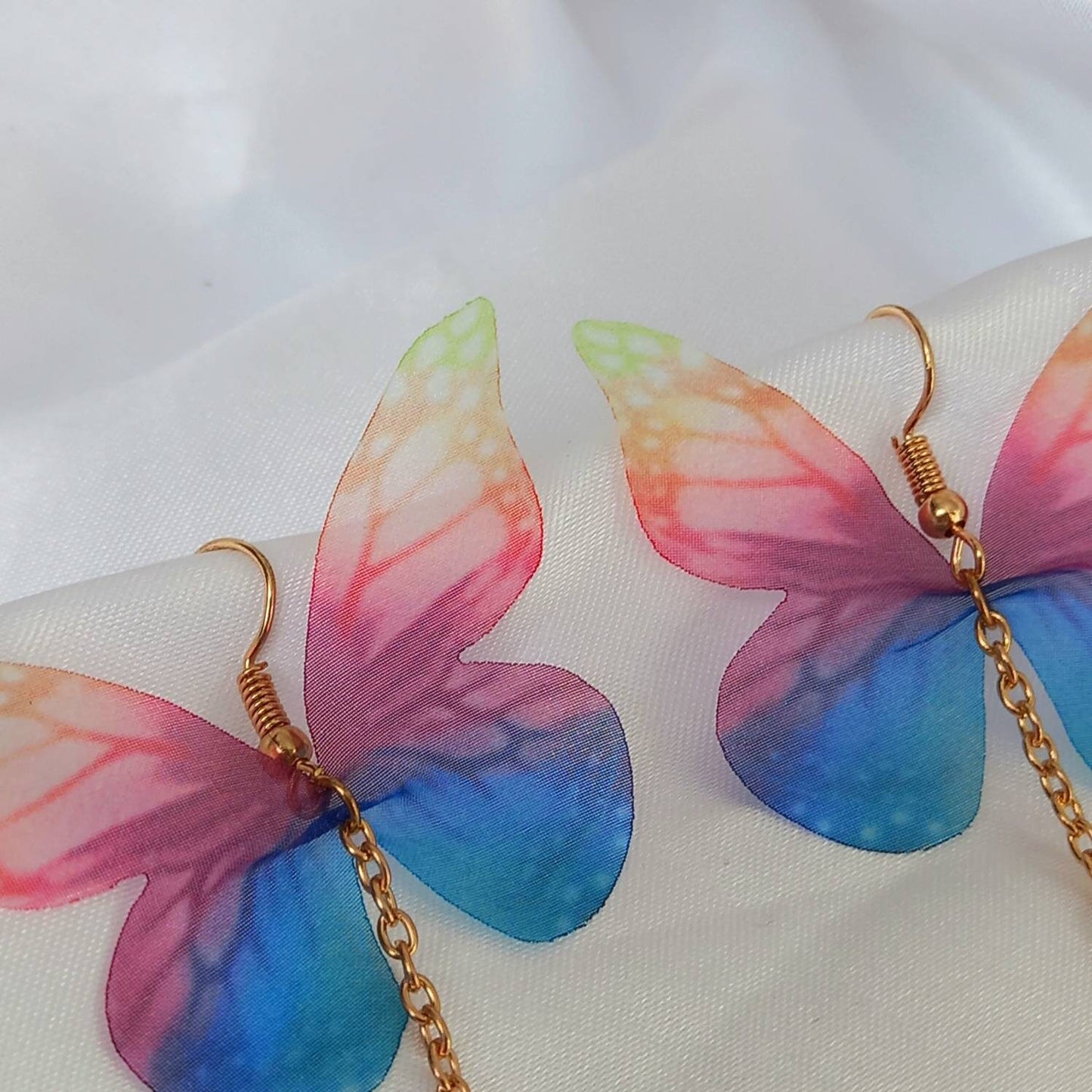 Rainbow & Gold Butterfly Drop Earrings - Rainbow Earrings,Blue Butterfly Earrings,Gold Earrings In The UK,Gold Butterfly Jewellery In The UK