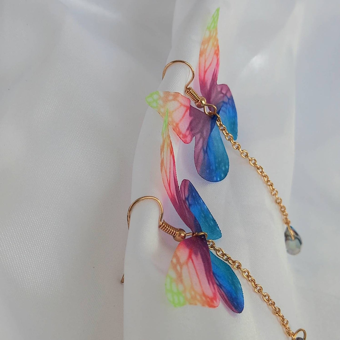 Rainbow & Gold Butterfly Drop Earrings - Rainbow Earrings,Blue Butterfly Earrings,Gold Earrings In The UK,Gold Butterfly Jewellery In The UK