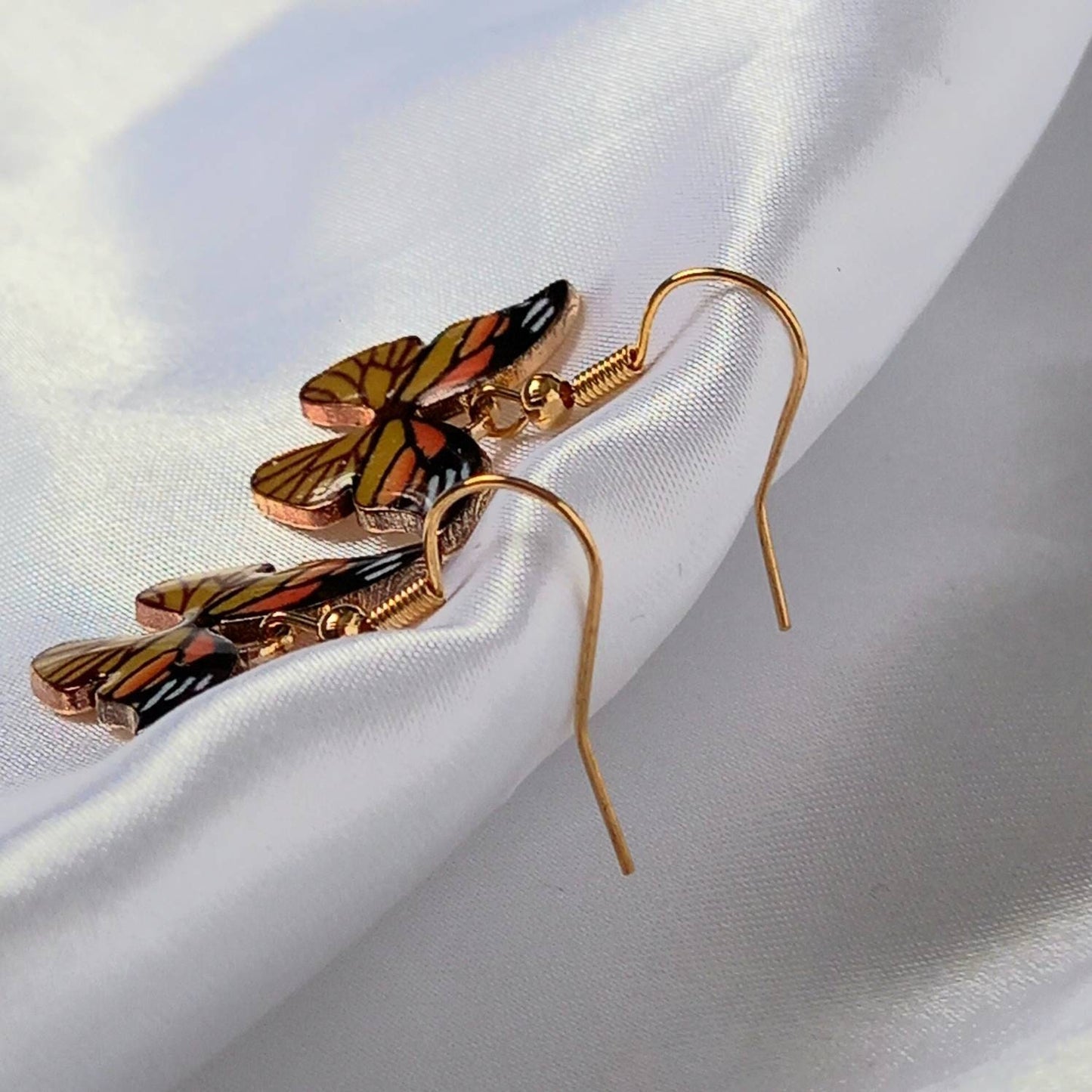 Orange Butterfly Drop Earrings - Lightweight Earrings,Orange Butterfly Earrings,Orange Earrings In The UK,Gold Butterfly Jewellery In The UK