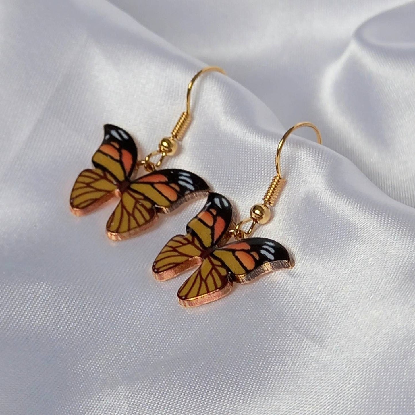 Orange Butterfly Drop Earrings - Lightweight Earrings,Orange Butterfly Earrings,Orange Earrings In The UK,Gold Butterfly Jewellery In The UK
