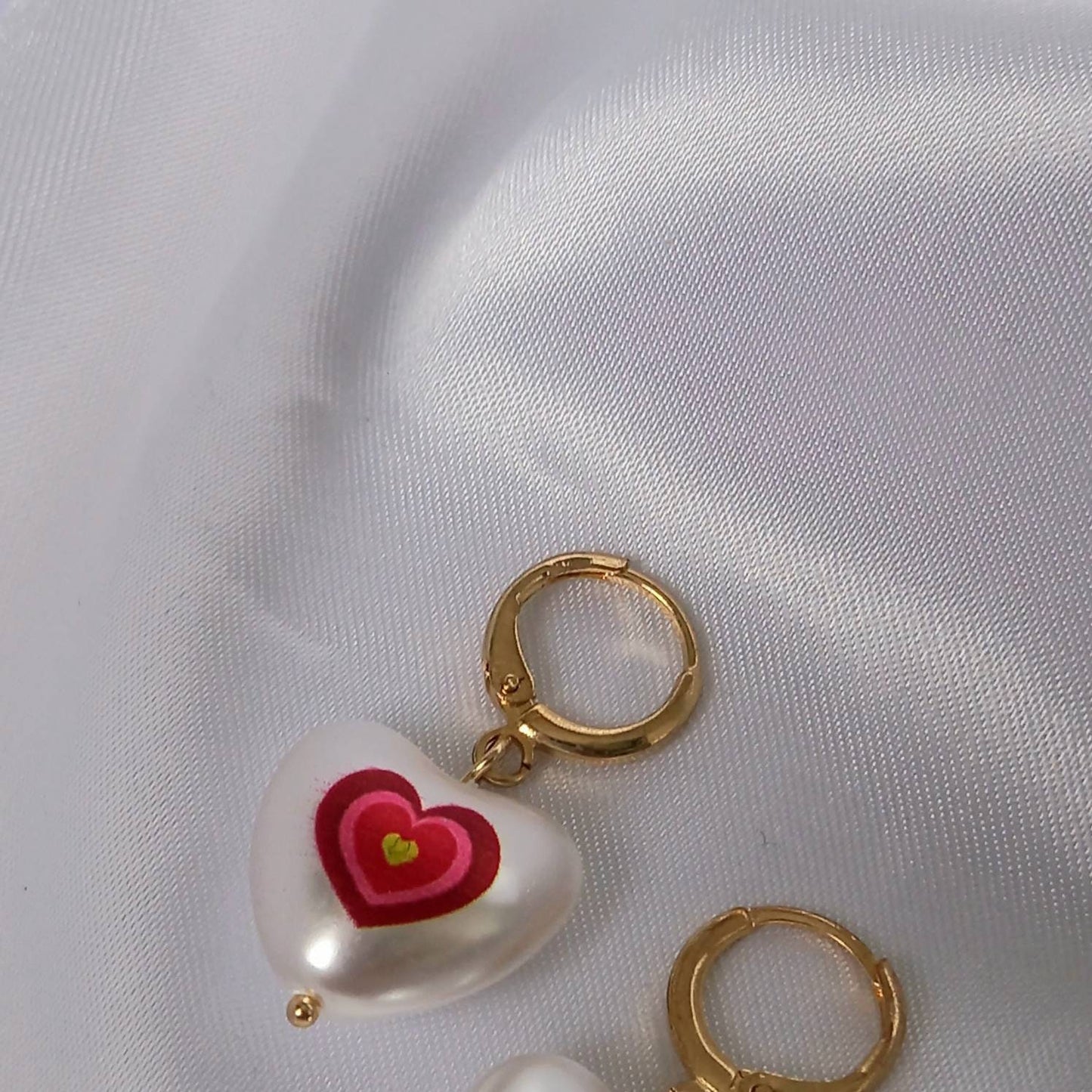 Pink & Gold Retro Heart Drop Earrings - Red Heart Earrings,Pearl Earrings,Heart Jewellery,Pink Earrings In The UK,Pink Jewellery In The UK