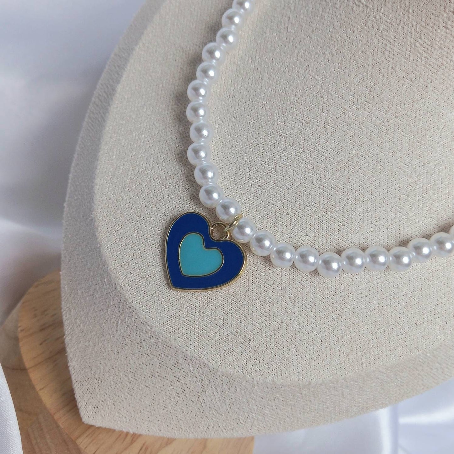 Blue & Gold Retro Heart Drop Charm Pearl Necklace - Pearl Necklace,Blue Heart Necklace,Blue Beaded Necklaces In The UK,Blue Beaded Jewellery