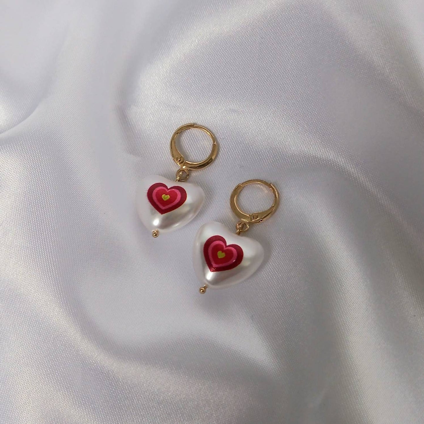 Pink & Gold Retro Heart Drop Earrings - Red Heart Earrings,Pearl Earrings,Heart Jewellery,Pink Earrings In The UK,Pink Jewellery In The UK