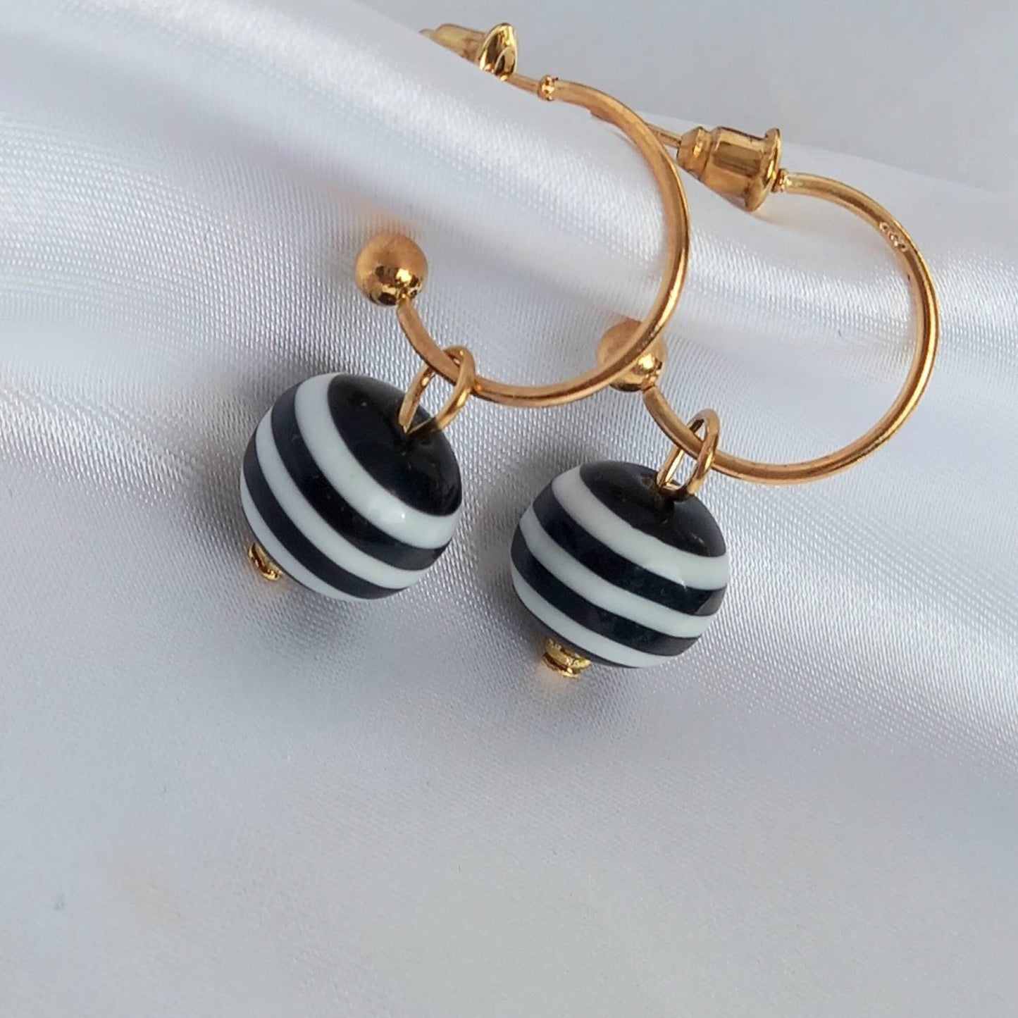 Gold & Striped Bead Drop Earrings - Striped Bead Earrings,Bead Jewellery,Beaded Earrings In The UK,Beaded Jewellery,Gold Earrings In The UK