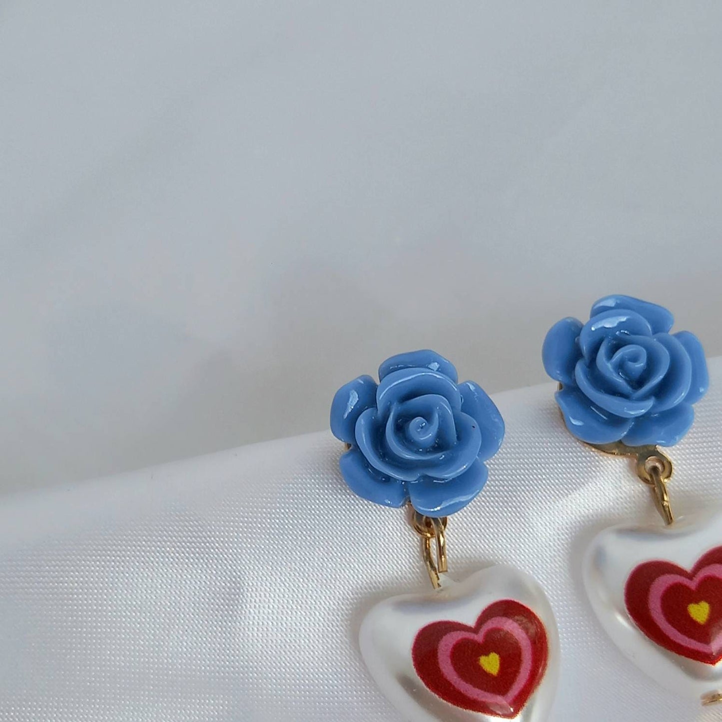 Pink & Blue Retro Heart Drop Earrings - Red Heart Earrings,Pearl Earrings,Heart Jewellery,Blue Flower Earrings In The UK,Jewellery In The UK